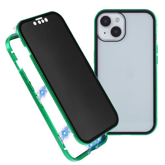 For iPhone 14 Plus Anti-spy Phone Case Magnetic Closure Metal Frame + Double-sided Tempered Glass Full Coverage Drop-proof Cover - Green