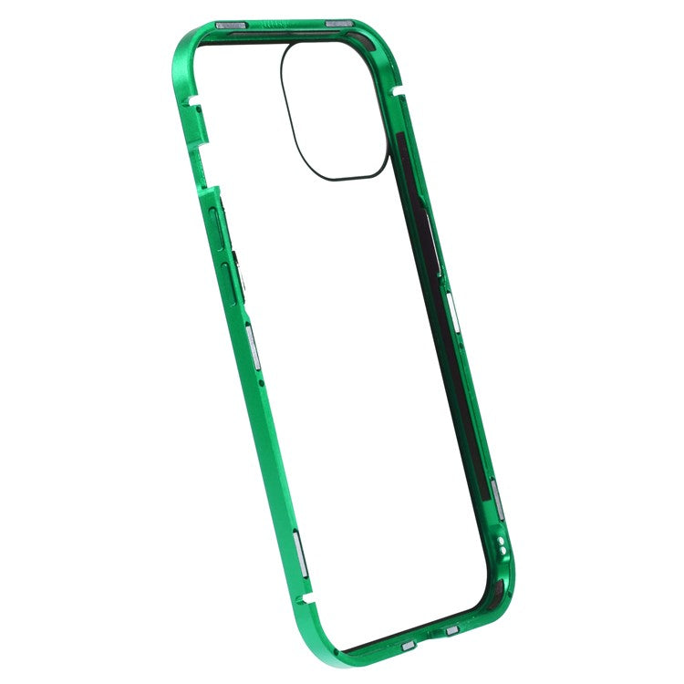 For iPhone 14 Plus Anti-spy Phone Case Magnetic Closure Metal Frame + Double-sided Tempered Glass Full Coverage Drop-proof Cover - Green