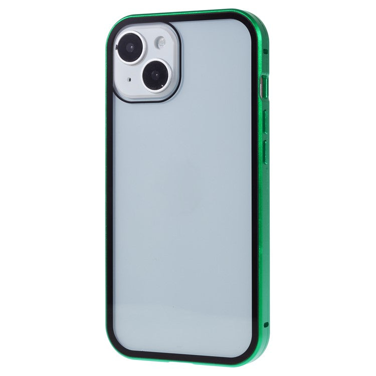 For iPhone 14 Plus Anti-spy Phone Case Magnetic Closure Metal Frame + Double-sided Tempered Glass Full Coverage Drop-proof Cover - Green