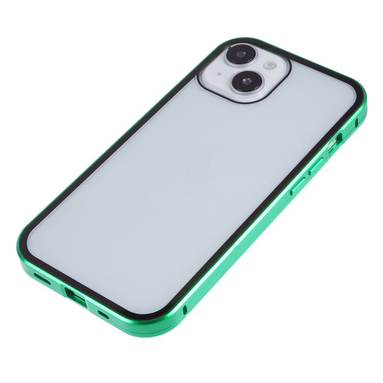 For iPhone 14 Plus Anti-spy Phone Case Magnetic Closure Metal Frame + Double-sided Tempered Glass Full Coverage Drop-proof Cover - Green