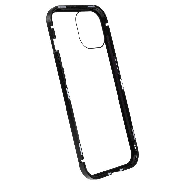 For iPhone 14 Plus Anti-spy Phone Case Magnetic Closure Metal Frame + Double-sided Tempered Glass Full Coverage Drop-proof Cover - Black