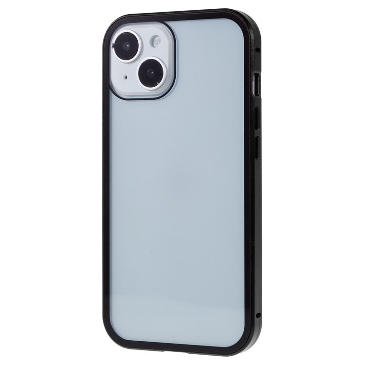 For iPhone 14 Plus Anti-spy Phone Case Magnetic Closure Metal Frame + Double-sided Tempered Glass Full Coverage Drop-proof Cover - Black