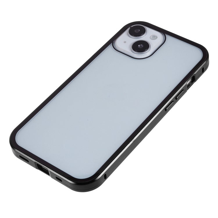 For iPhone 14 Plus Anti-spy Phone Case Magnetic Closure Metal Frame + Double-sided Tempered Glass Full Coverage Drop-proof Cover - Black