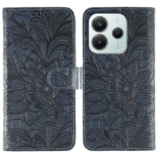 For Xiaomi Redmi Note 14 4G (163.25mm) Case Lace Flowers PU Leather Flip Wallet Phone Cover - Dark Blue