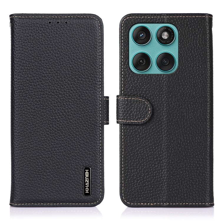 KHAZNEH For Motorola Edge 60 Fusion 5G Case Genuine Cow Leather Flip Phone Cover - Black