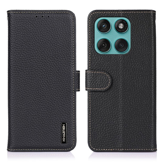 KHAZNEH For Motorola Edge 60 Fusion 5G Case Genuine Cow Leather Flip Phone Cover - Black