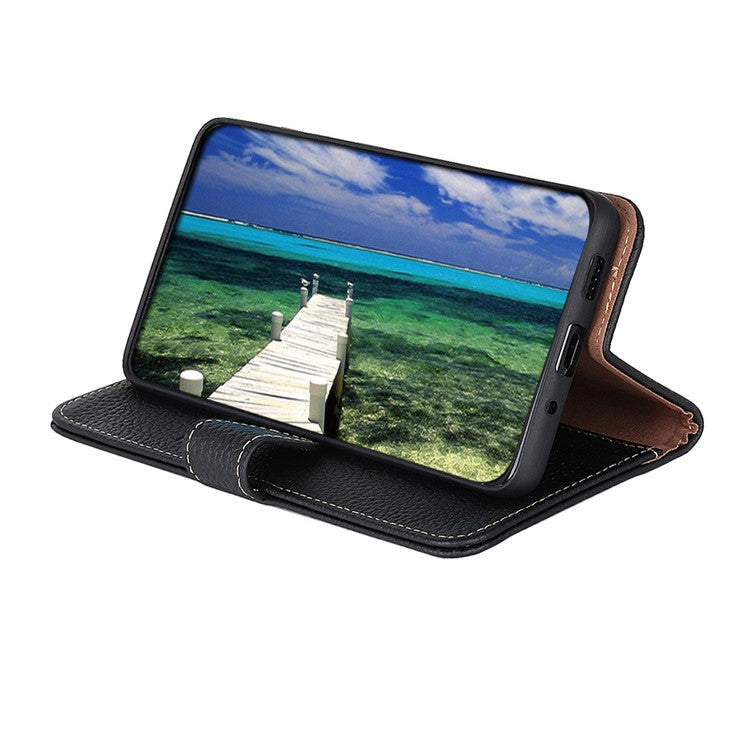 KHAZNEH For Motorola Edge 60 Fusion 5G Case Genuine Cow Leather Flip Phone Cover - Black