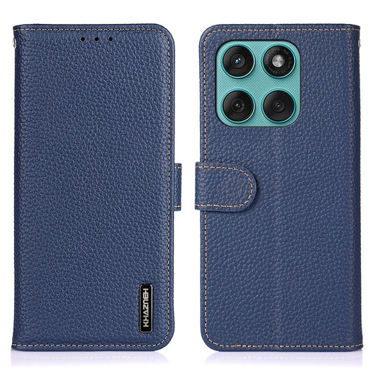 KHAZNEH For Motorola Edge 60 Fusion 5G Case Genuine Cow Leather Flip Phone Cover - Blue