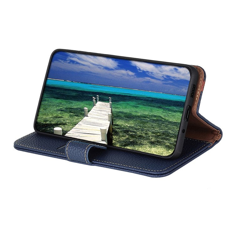 KHAZNEH For Motorola Edge 60 Fusion 5G Case Genuine Cow Leather Flip Phone Cover - Blue