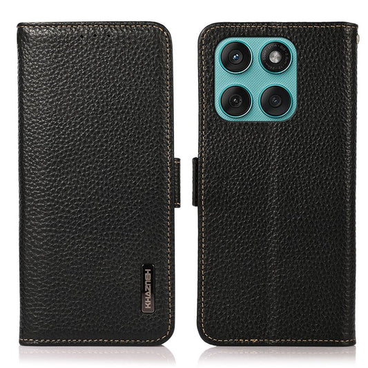 KHAZNEH for Motorola Edge 60 Fusion 5G Phone Case Genuine Cow Leather Cover RFID Blocking - Black