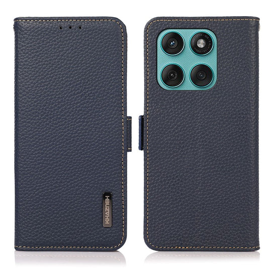 KHAZNEH for Motorola Edge 60 Fusion 5G Phone Case Genuine Cow Leather Cover RFID Blocking - Blue