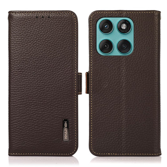KHAZNEH for Motorola Edge 60 Fusion 5G Phone Case Genuine Cow Leather Cover RFID Blocking - Brown