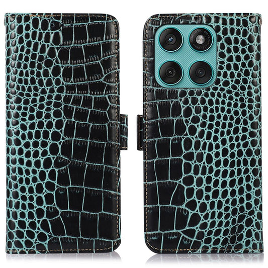 For Motorola Edge 60 Fusion 5G Case Crocodile Texture Genuine Cow Leather Phone Wallet Cover - Green