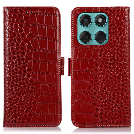 For Motorola Edge 60 Fusion 5G Case Crocodile Texture Genuine Cow Leather Phone Wallet Cover - Red