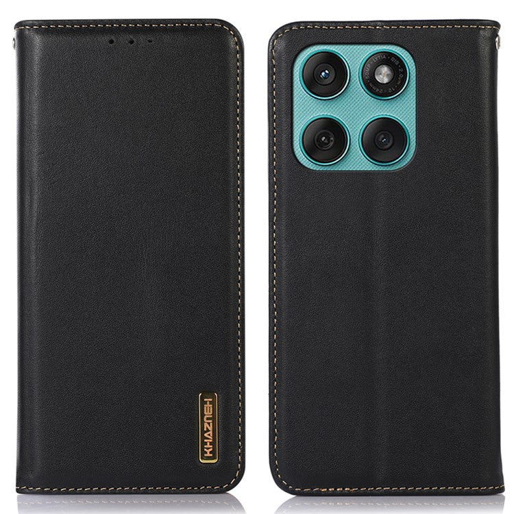 KHAZNEH For Motorola Edge 60 Fusion 5G Case Wallet Genuine Cow Leather Phone Cover Nappa Texture - Black