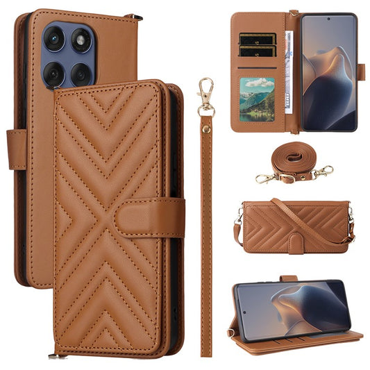 For Motorola Edge 60 Fusion 5G Stand Wallet Case with Shoulder  /  Wrist Strap Leather Phone Cover - Brown