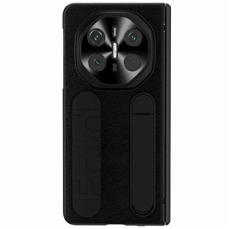 For Huawei Mate X6 Case Wristband Kickstand Genuine Cow Leather + PC Phone Cover with Tempered Glass Film - Black