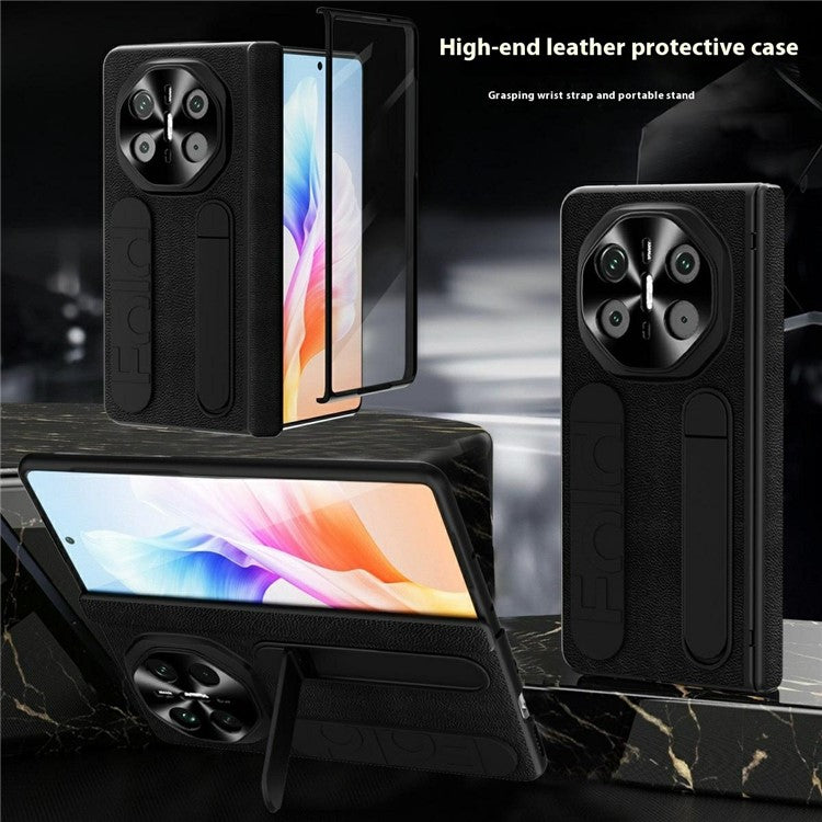 For Huawei Mate X6 Case Wristband Kickstand Genuine Cow Leather + PC Phone Cover with Tempered Glass Film - Black