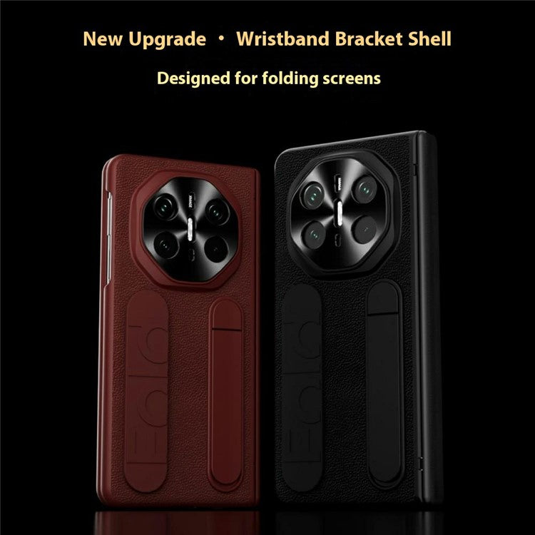 For Huawei Mate X6 Case Wristband Kickstand Genuine Cow Leather + PC Phone Cover with Tempered Glass Film - Black