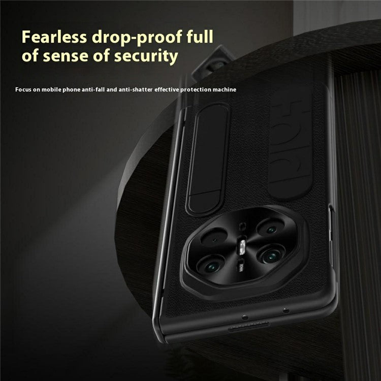 For Huawei Mate X6 Case Wristband Kickstand Genuine Cow Leather + PC Phone Cover with Tempered Glass Film - Black