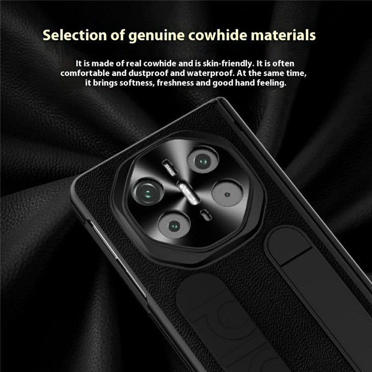 For Huawei Mate X6 Case Wristband Kickstand Genuine Cow Leather + PC Phone Cover with Tempered Glass Film - Black