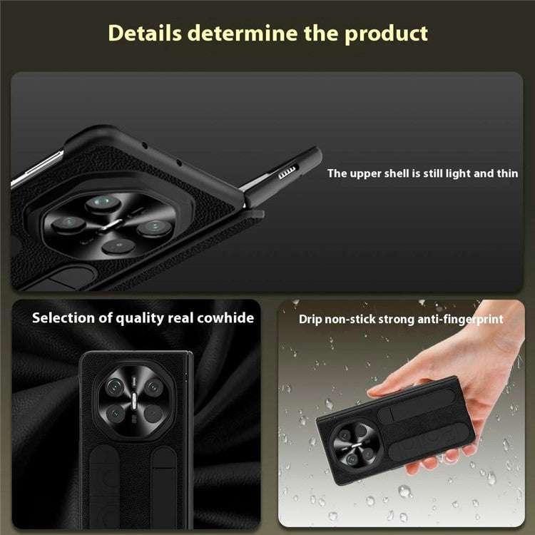 For Huawei Mate X6 Case Wristband Kickstand Genuine Cow Leather + PC Phone Cover with Tempered Glass Film - Black