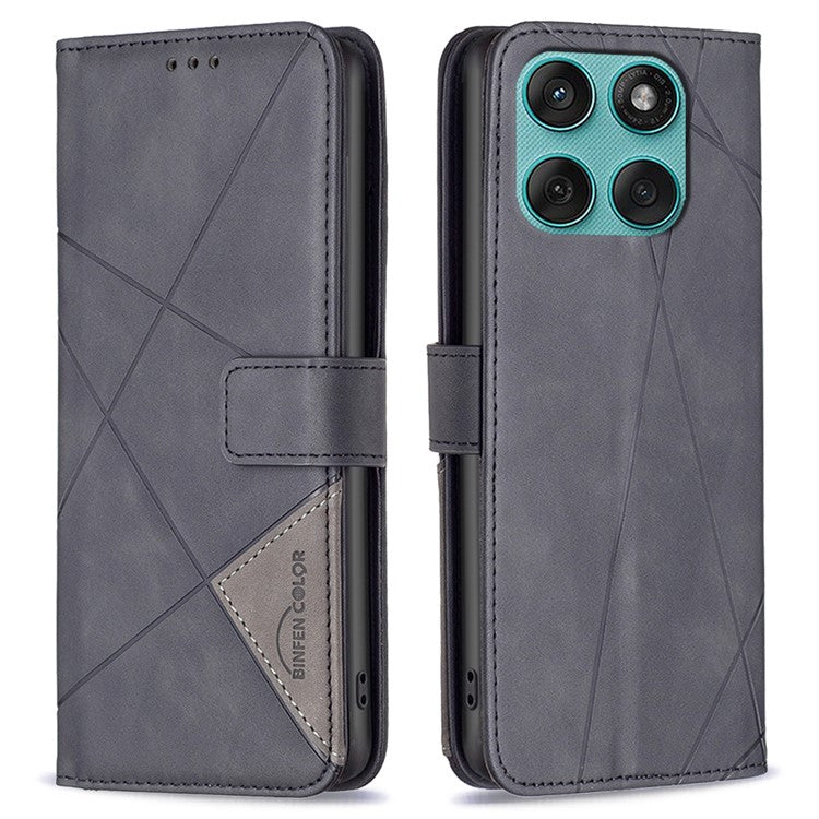 BINFEN COLOR For Motorola Edge 60 Fusion 5G Phone Case Wallet Stand Geometry Imprinted Leather Cover - Black