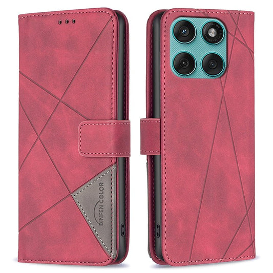BINFEN COLOR For Motorola Edge 60 Fusion 5G Phone Case Wallet Stand Geometry Imprinted Leather Cover - Red