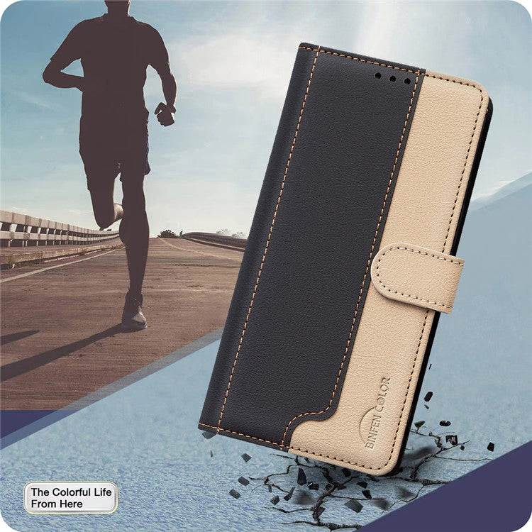 BINFEN COLOR BF33 For Motorola Edge 60 Fusion 5G Leather Case Splicing Color RFID Blocking Wallet Stand Phone Cover - Black