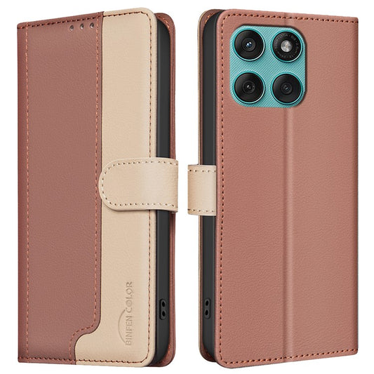 BINFEN COLOR BF33 For Motorola Edge 60 Fusion 5G Leather Case Splicing Color RFID Blocking Wallet Stand Phone Cover - Brown