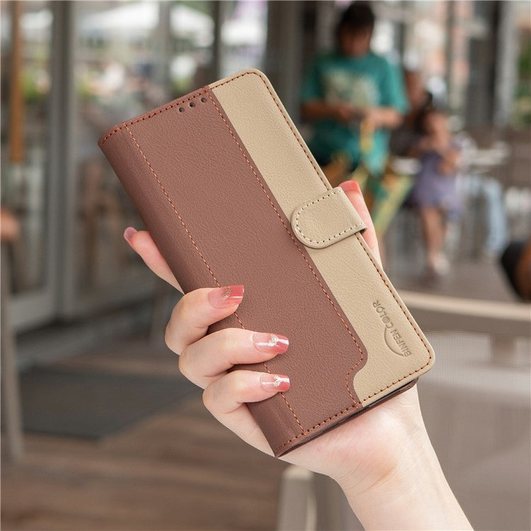 BINFEN COLOR BF33 For Motorola Edge 60 Fusion 5G Leather Case Splicing Color RFID Blocking Wallet Stand Phone Cover - Brown