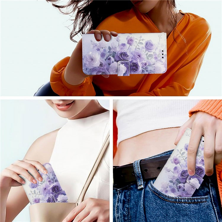YX-2501 Wallet Case for Motorola Edge 60 Fusion 5G / Edge (2025) 5G Pattern Printing PU Leather Phone Cover with Lanyard - Purple Rose
