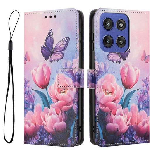 YX-2501 Wallet Case for Motorola Edge 60 Fusion 5G / Edge (2025) 5G Pattern Printing PU Leather Phone Cover with Lanyard - Pink Flower Butterfly