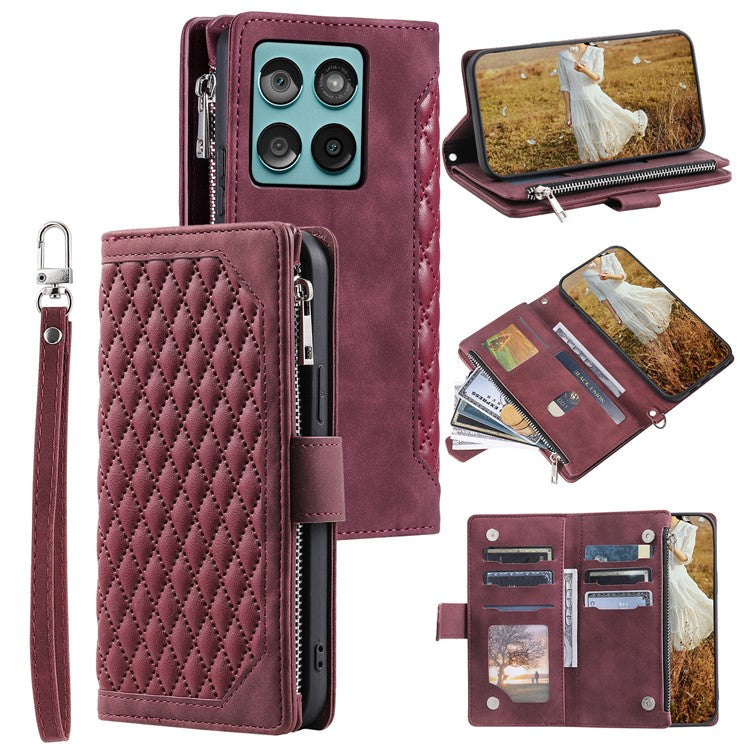 Style 005 For Motorola Edge 60 Fusion 5G Wallet Case Rhombus Stitching Line PU Leather Phone Cover - Wine Red