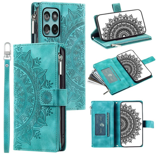 Style 006 For Motorola Edge 60 Fusion 5G Wallet Case PU Leather Phone Cover Mandala Flower Pattern - Mint Green