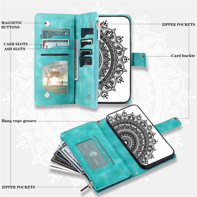 Style 006 For Motorola Edge 60 Fusion 5G Wallet Case PU Leather Phone Cover Mandala Flower Pattern - Mint Green