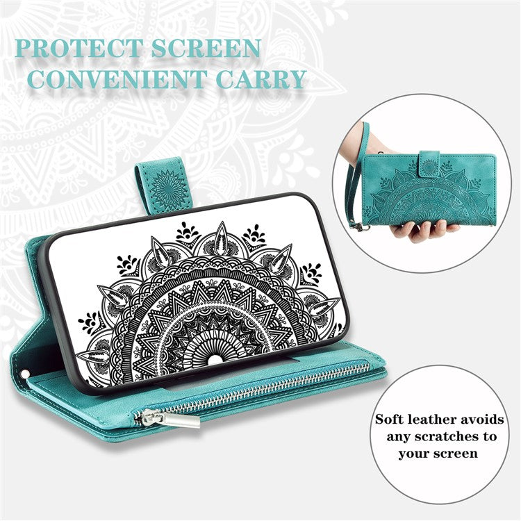 Style 006 For Motorola Edge 60 Fusion 5G Wallet Case PU Leather Phone Cover Mandala Flower Pattern - Mint Green