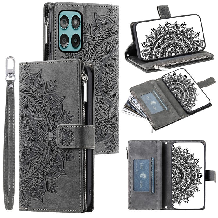 Style 006 For Motorola Edge 60 Fusion 5G Wallet Case PU Leather Phone Cover Mandala Flower Pattern - Grey