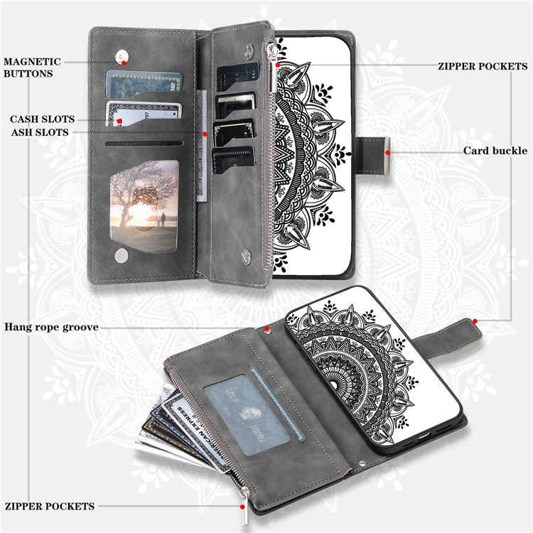 Style 006 For Motorola Edge 60 Fusion 5G Wallet Case PU Leather Phone Cover Mandala Flower Pattern - Grey