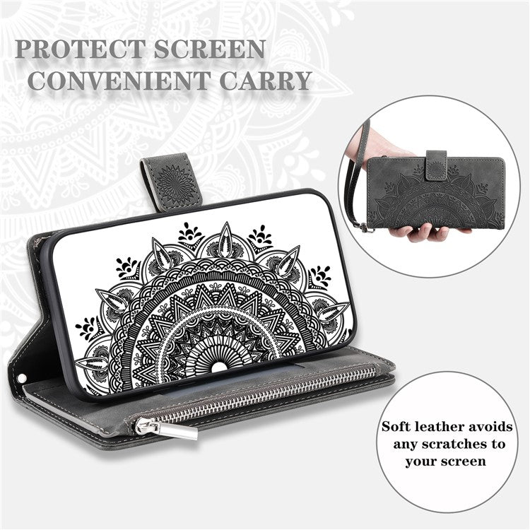 Style 006 For Motorola Edge 60 Fusion 5G Wallet Case PU Leather Phone Cover Mandala Flower Pattern - Grey