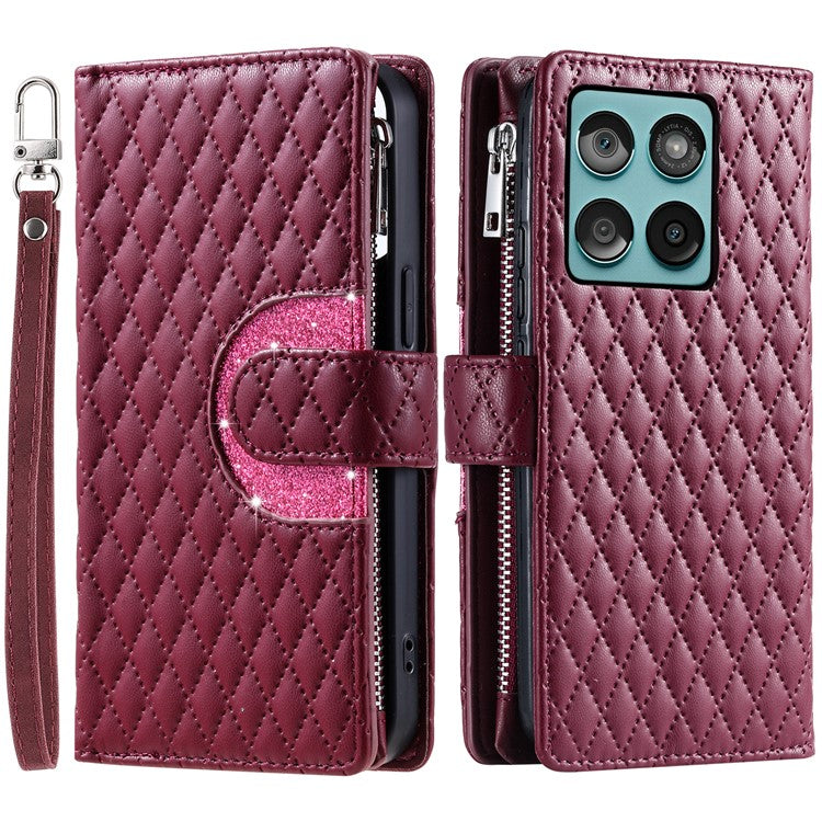 Style 012 for Motorola Edge 60 Fusion 5G Case Zipper Pocket Glitter Leather Phone Cover - Wine Red