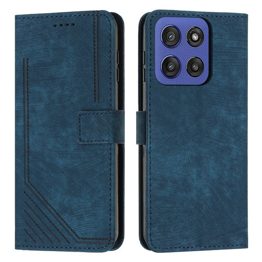 Wallet Case for Motorola Edge 60 Fusion 5G / Edge (2025) 5G Imprinted Lines Leather Phone Cover with Stand - Sapphire