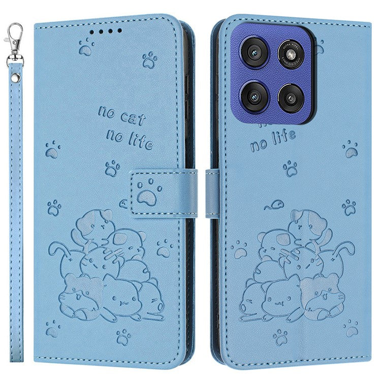 Wallet Case for Motorola Edge 60 Fusion 5G / Edge (2025) 5G Cats Imprint Leather Phone Cover with Strap - Blue