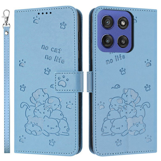 Wallet Case for Motorola Edge 60 Fusion 5G / Edge (2025) 5G Cats Imprint Leather Phone Cover with Strap - Blue
