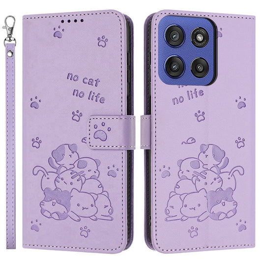 Wallet Case for Motorola Edge 60 Fusion 5G / Edge (2025) 5G Cats Imprint Leather Phone Cover with Strap - Purple