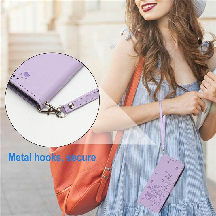 Wallet Case for Motorola Edge 60 Fusion 5G / Edge (2025) 5G Cats Imprint Leather Phone Cover with Strap - Purple