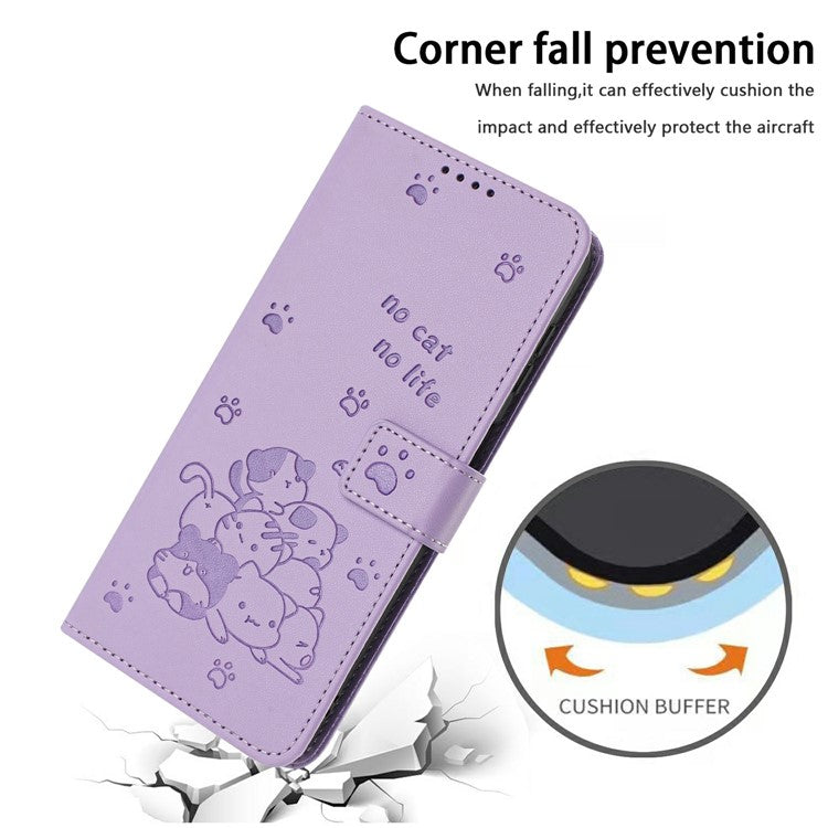 Wallet Case for Motorola Edge 60 Fusion 5G / Edge (2025) 5G Cats Imprint Leather Phone Cover with Strap - Purple