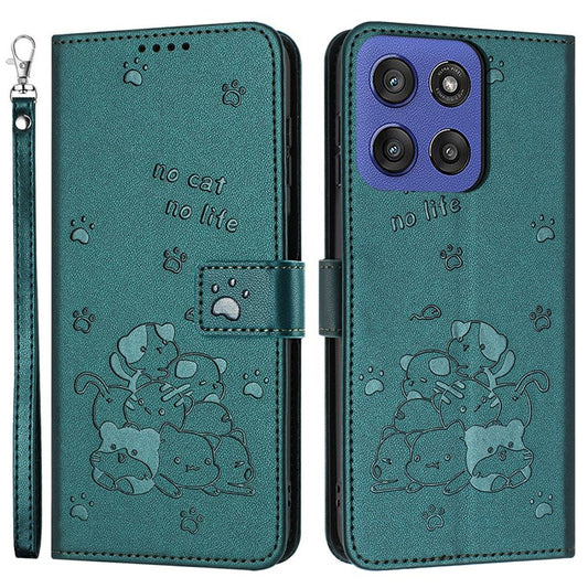Wallet Case for Motorola Edge 60 Fusion 5G / Edge (2025) 5G Cats Imprint Leather Phone Cover with Strap - Blackish Green