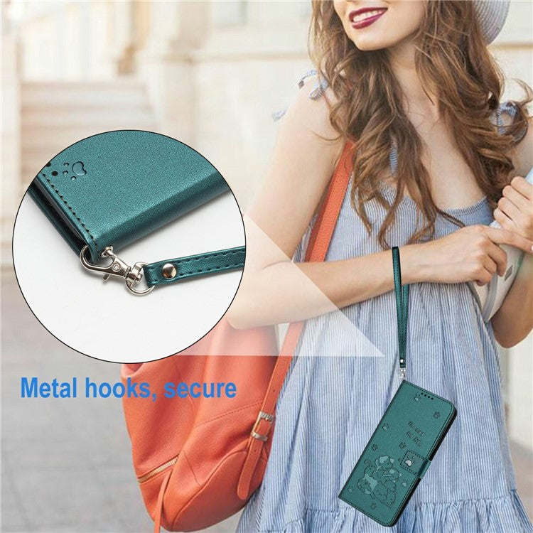Wallet Case for Motorola Edge 60 Fusion 5G / Edge (2025) 5G Cats Imprint Leather Phone Cover with Strap - Blackish Green