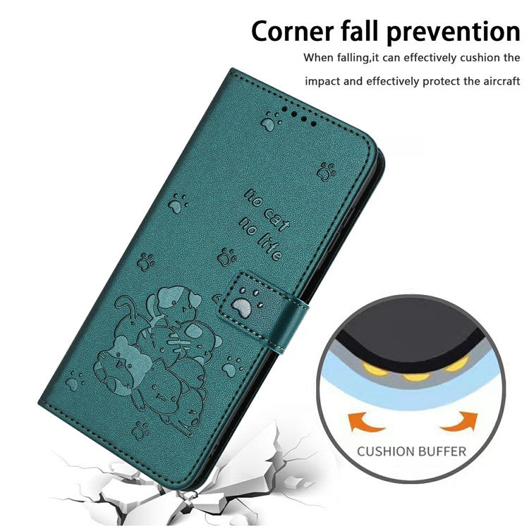 Wallet Case for Motorola Edge 60 Fusion 5G / Edge (2025) 5G Cats Imprint Leather Phone Cover with Strap - Blackish Green